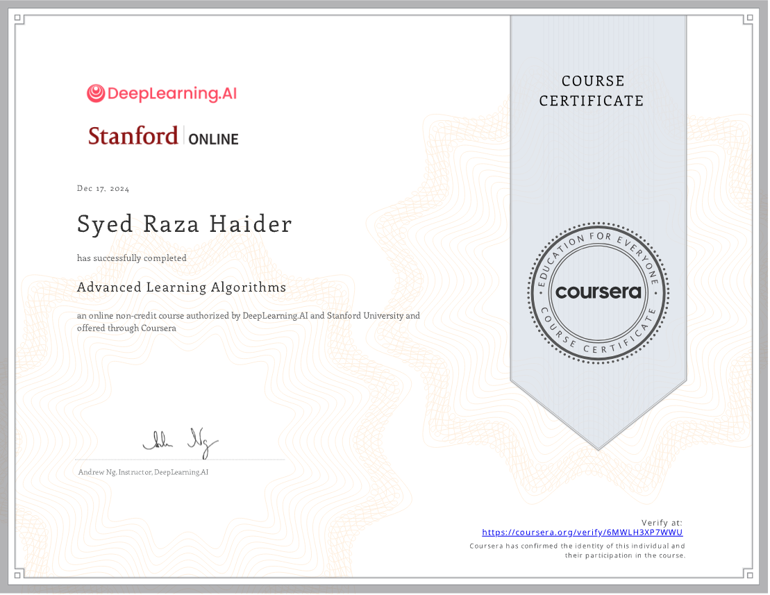 Advanced Learning Algorithms certificate
