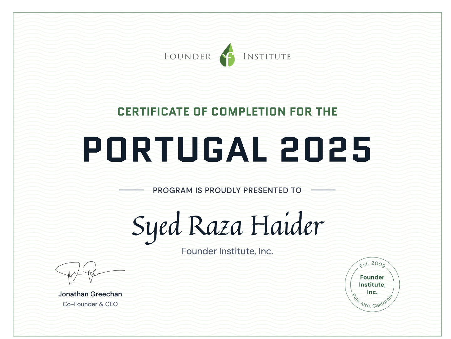 Founder Institute Portugal 2025 certificate of completion