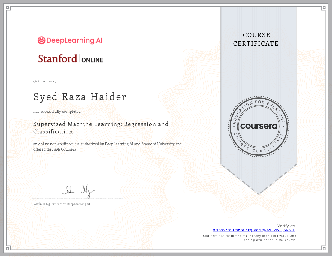 Supervised Machine Learning: Regression and Classification certificate