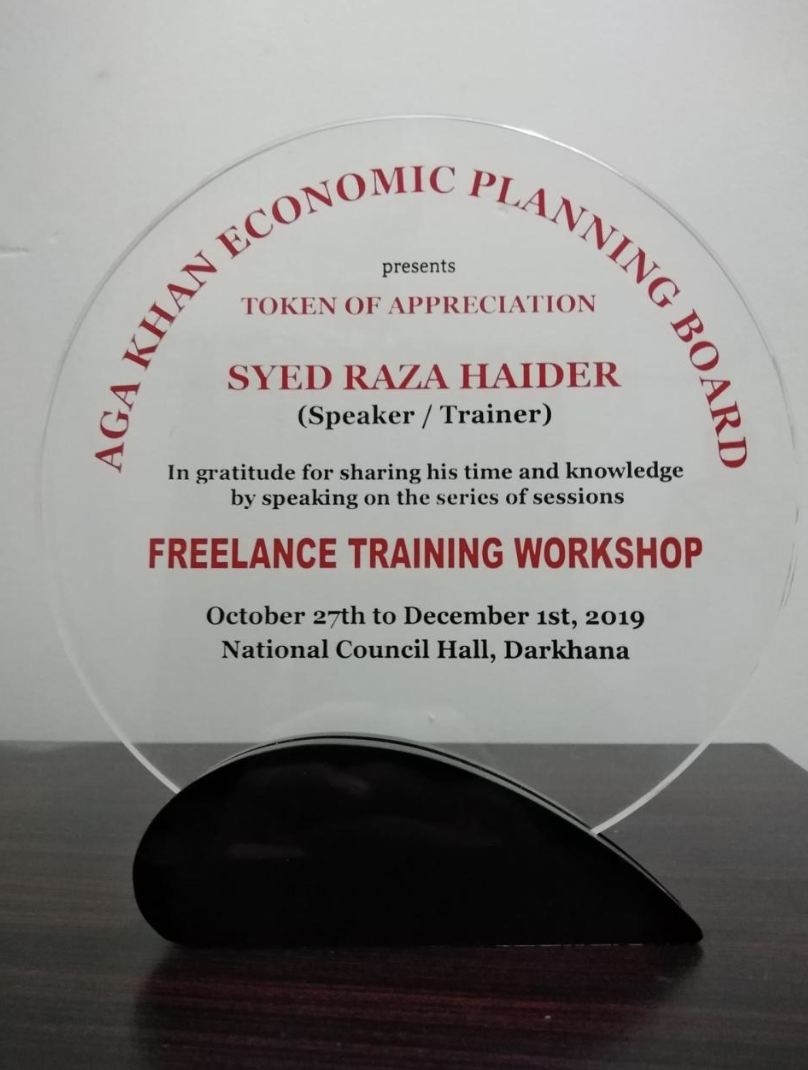 Token of appreciation to Syed Raza Haider for the Freelance Training Workshop
