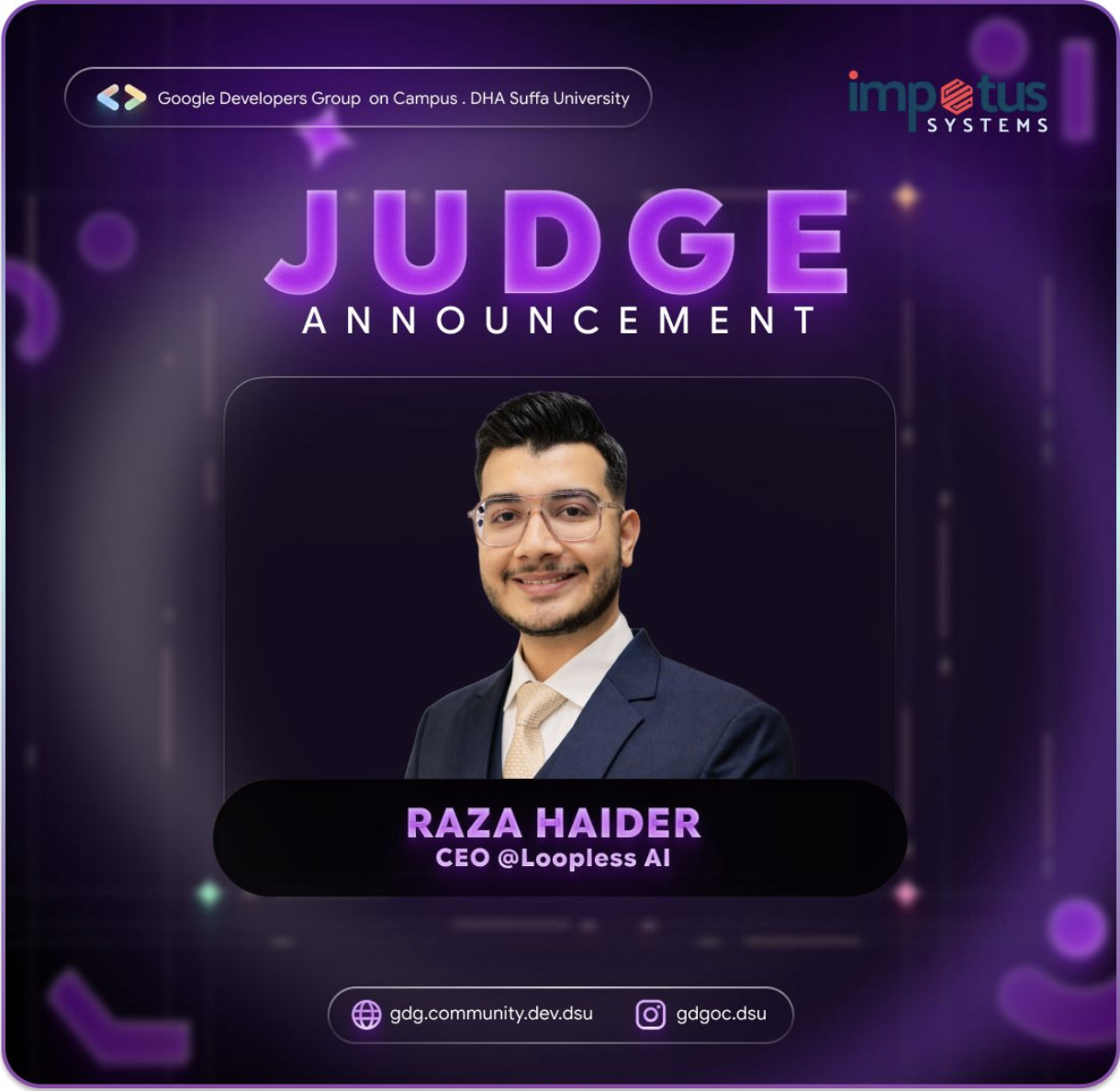 GDG on Campus judge announcement for Raza Haider, CEO of Loopless AI