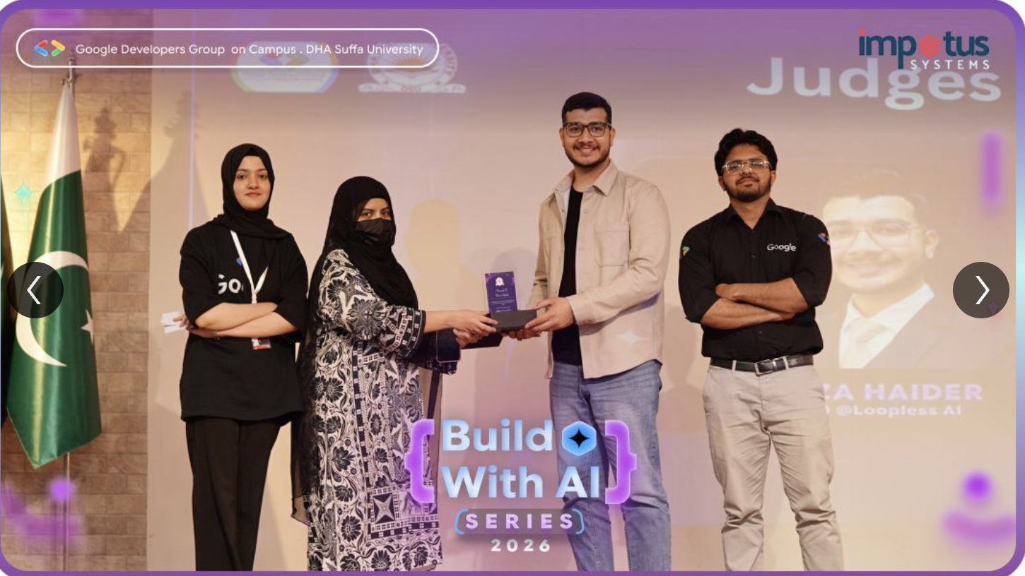 Raza Haider receiving a judge's shield with the Build With AI 2026 panel