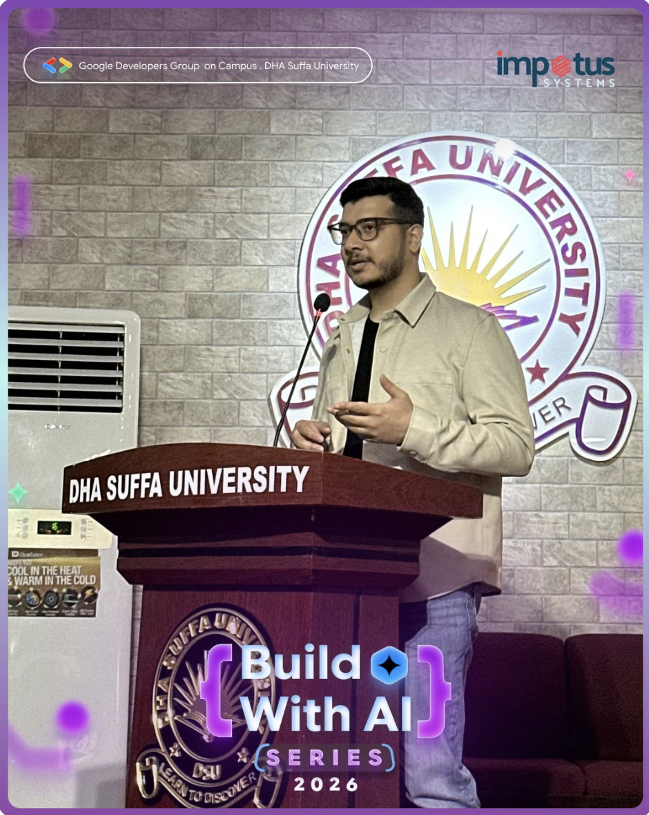 Raza Haider speaking at the DHA Suffa University podium